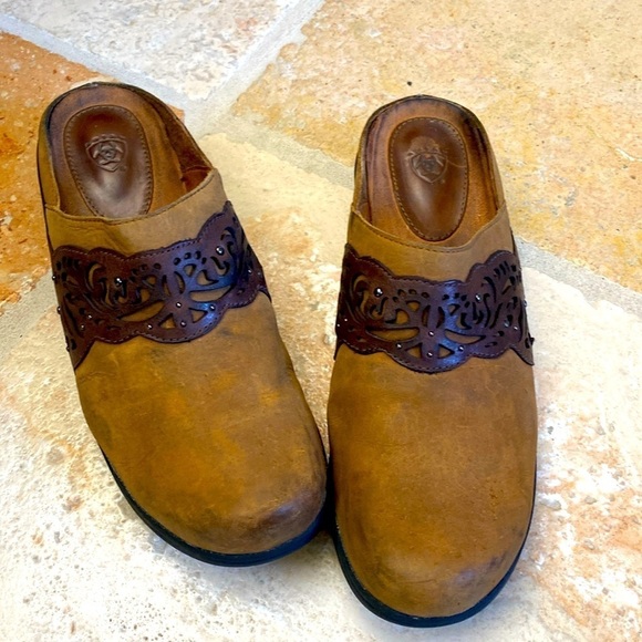 Ariat Shoes - ARIAT Brown Suede Leather Clog Shoes Women’s Size 10 Western Work Cutouts Studs